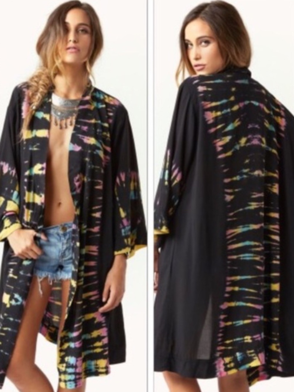 Blue Life Black Tie-Dye Kimono Cardigan with Pink, Yellow & Blue Accents